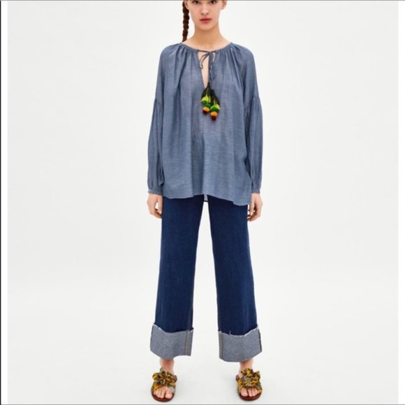 NWOT ZARA Oversize Chambray Top w/ Tassels & Balloon Sleeves, Size XS - Picture 10 of 10